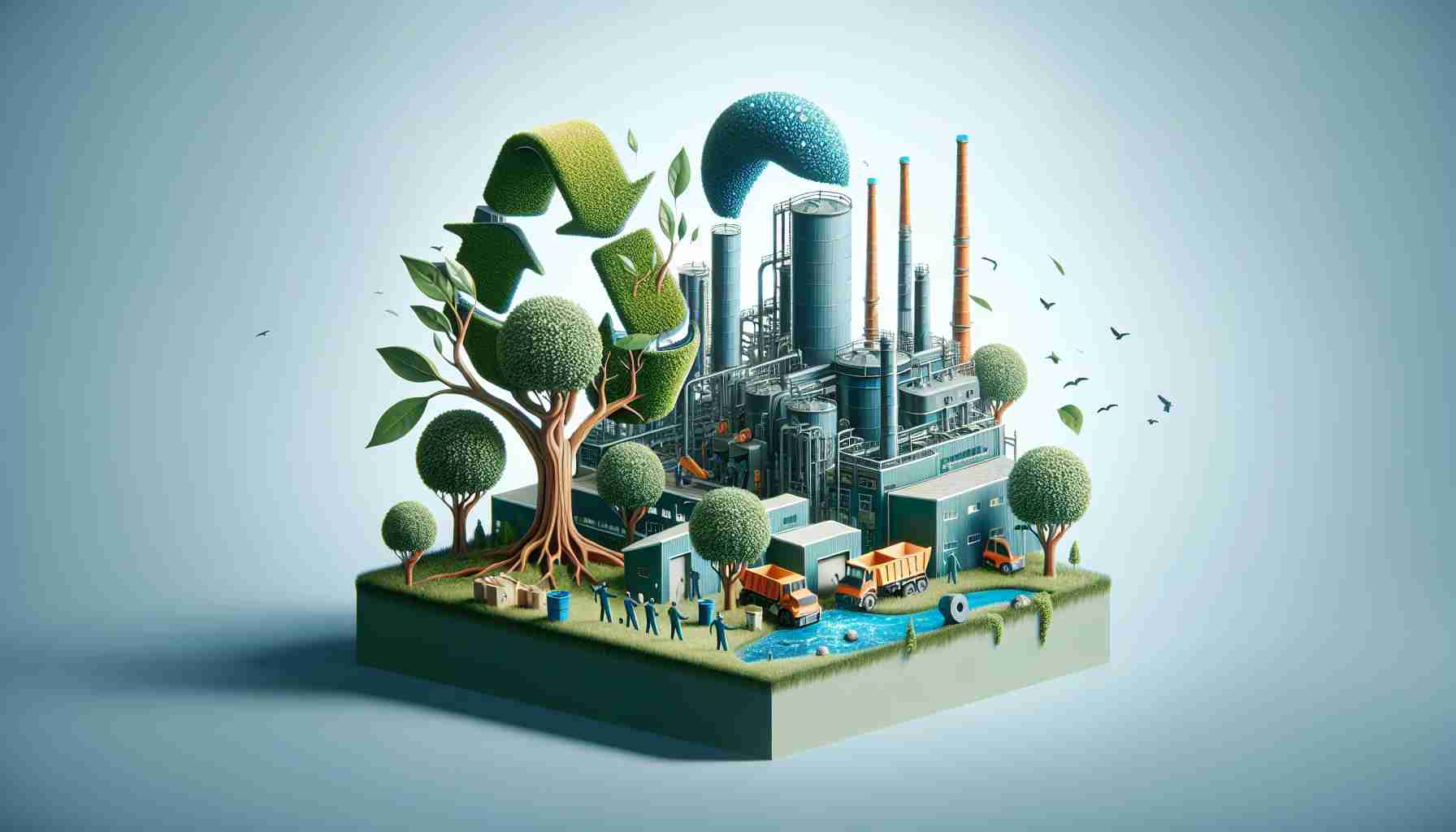 Generate a realistic, high-definition image that depicts Moeves, depicted as a generic, unbranded entity, embracing sustainability as part of its new brand identity. This could involve the visualization of eco-friendly practices such as recycling, use of renewable energy, and planting trees portrayed symbolically alongside the image representing Moeves' operations.