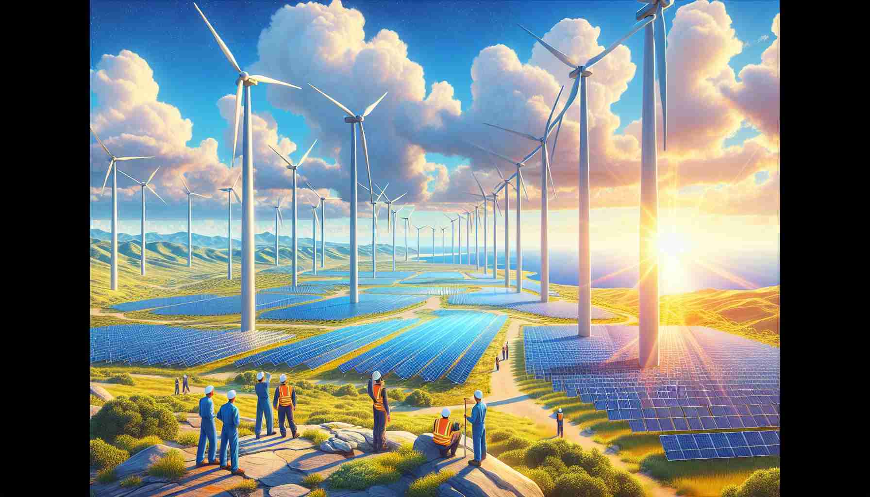 Illustrate a high-definition, realistic image of newly inaugurated renewable energy projects in Australia. Depict an extensive sunshine-filled landscape with multiple tall, majestic wind turbines turning slowly. Also, incorporate a vibrant field of solar panels glistening under the radiant sunlight. Include in the distance, the vast, deep blue ocean, hinting at the presence of marine energy installations. Finally, show a diverse team of engineers, both men and women, of various descents such as Caucasian, Asian, and Aboriginal, in workwear, inspecting and discussing these renewable sources.